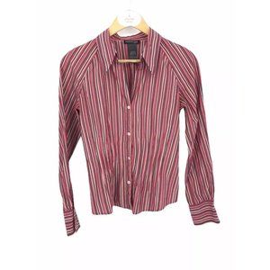 Kenneth Cole Ny Button Down Top 6 Red Black White Stripe Pleated Collar Classic